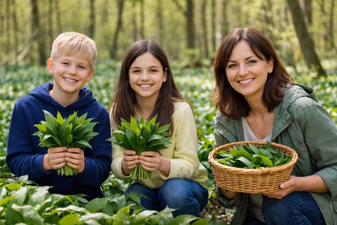 Mama z dečkom in deklico nabira čemaž v spomladanskem gozdu, otroka držita šopka čemaža, mama ima košaro z listi