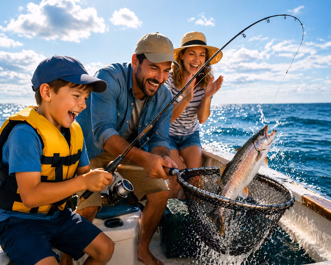 otrok z očetom lovi ribo na morju in jo ujame v mrežo naravni vir omega 3 maščobnih kislin