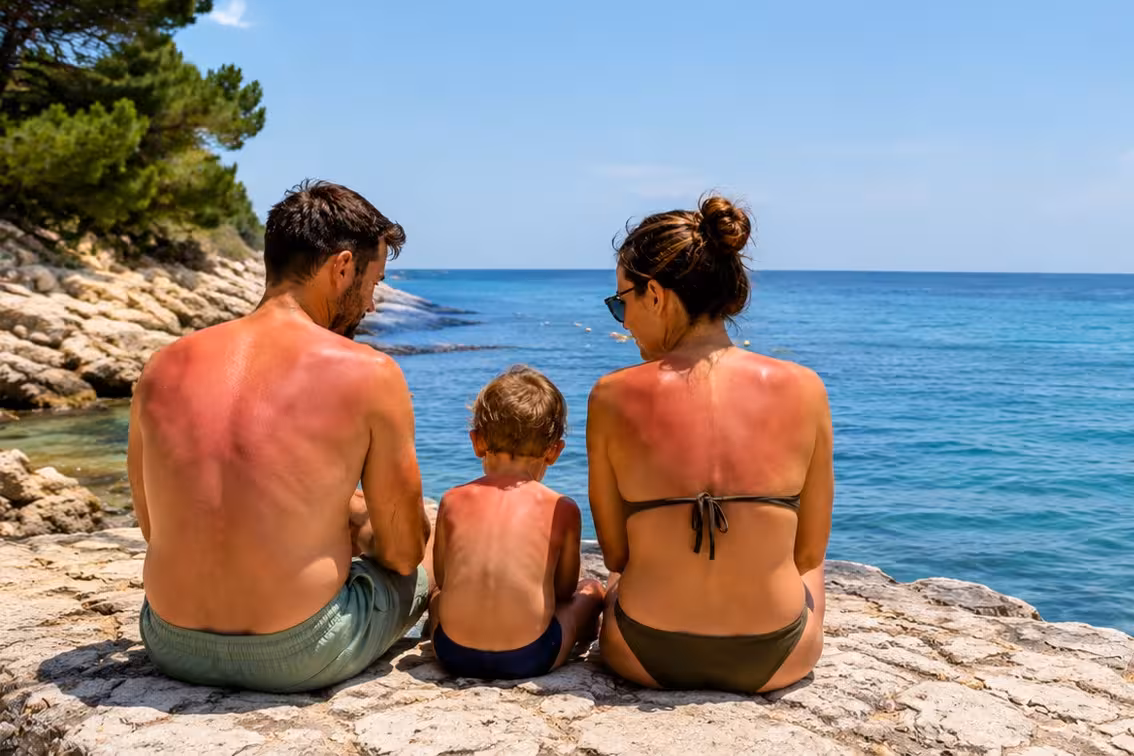 Družina na hrvaški obali s pordelo kožo po sončenju. Sončne opekline in naravna pomoč z Aloe Vera Gel Nutriance za otroke in odrasle.