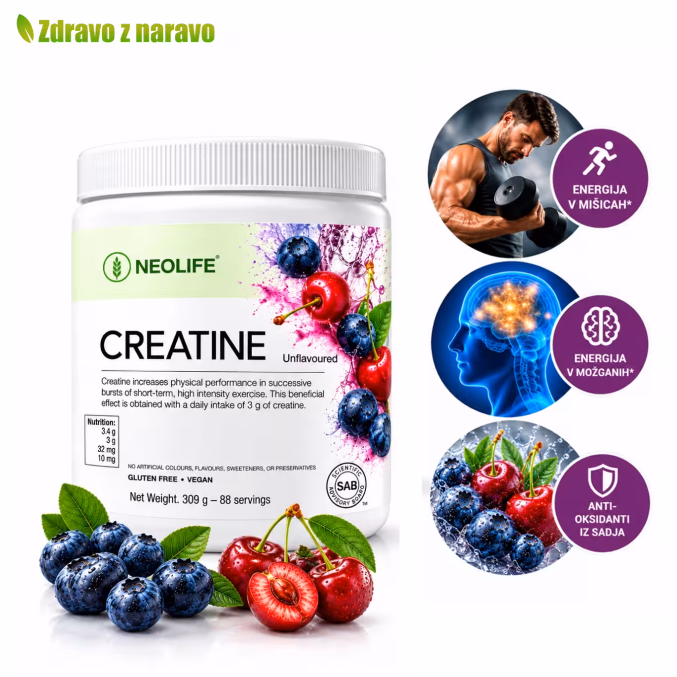 Creatine NeoLife 309 g – kreatin z borovnicami in višnjami